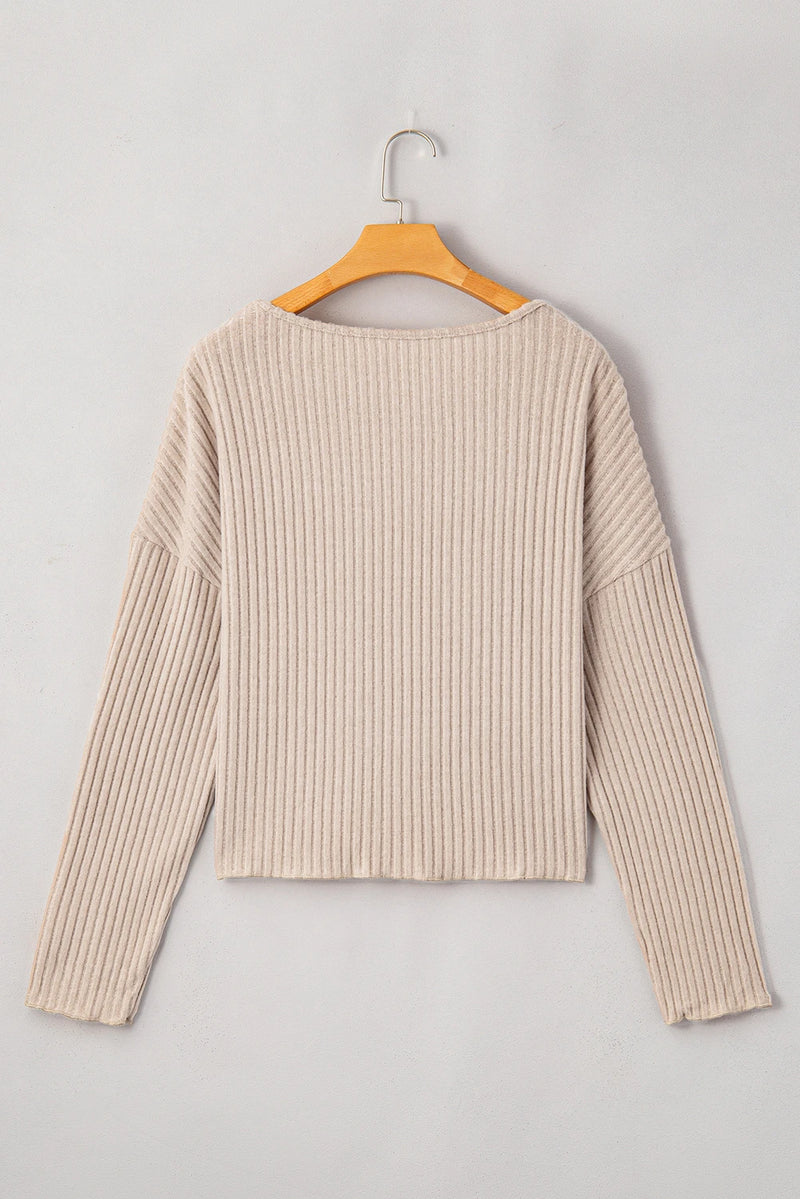 Load image into Gallery viewer, DLLS145 - Ladies Beige Lettuce Cuffs Drop Shoulder Loose Ribbed Knit Top

