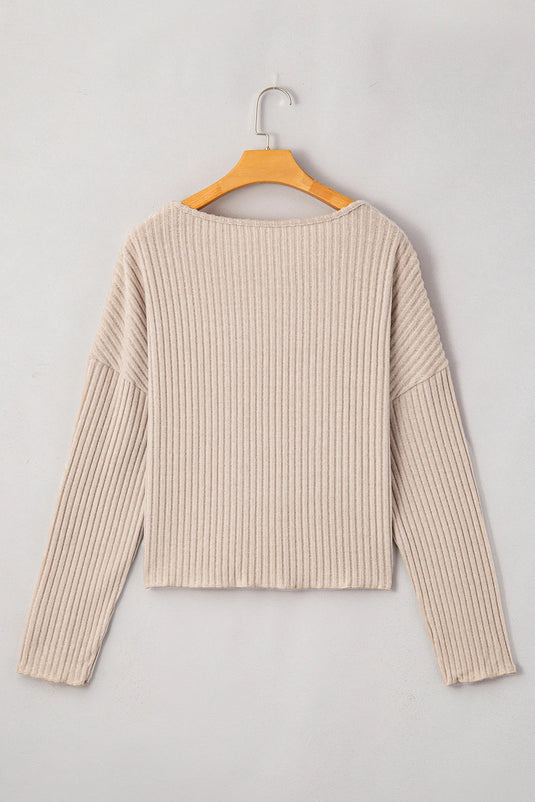 DLLS145 - Ladies Beige Lettuce Cuffs Drop Shoulder Loose Ribbed Knit Top