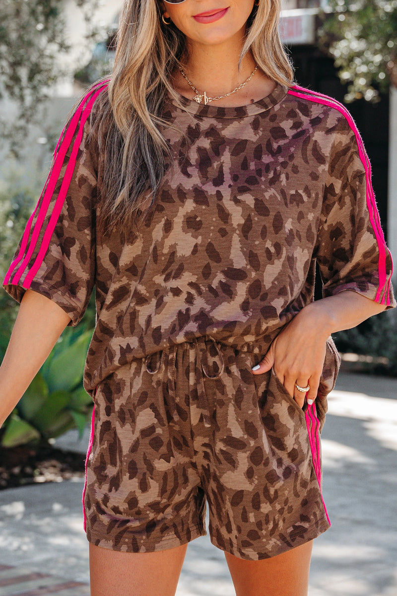 Load image into Gallery viewer, DLLS598 - Ladies Brown Contrast Striped Accent Leopard Short Set
