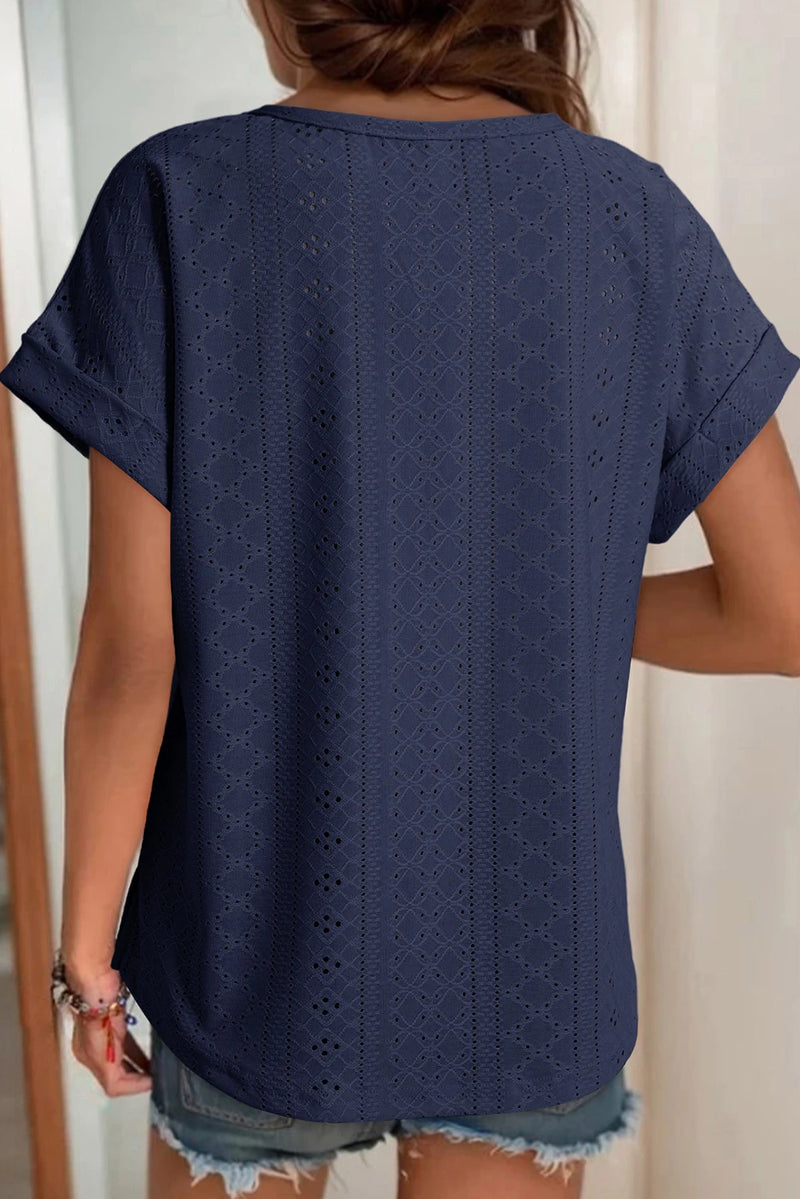 Load image into Gallery viewer, DLLS441 - Ladies Navy Blue Solid Color Eyelet Jacquard Cuffed Short Sleeve Top
