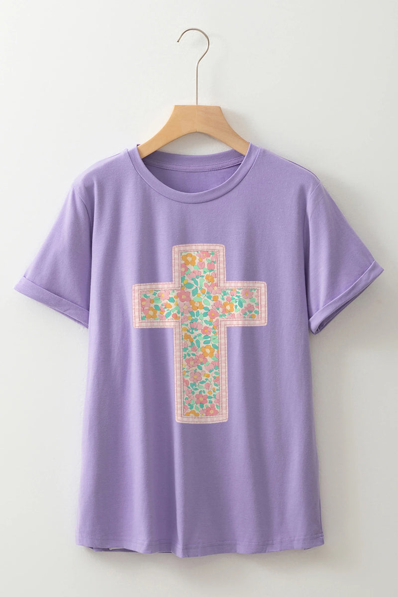 Load image into Gallery viewer, DLLS465 - Ladies Wisteria Easter Floral Cross Christian Casual Tee
