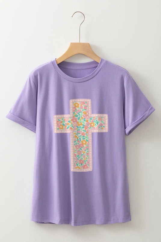 DLLS465 - Ladies Wisteria Easter Floral Cross Christian Casual Tee