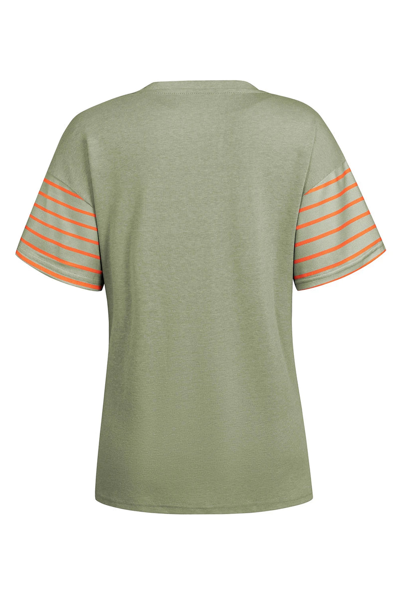 Load image into Gallery viewer, DLLS542 - Ladies Laurel Green Color Block Striped Detail Loose T Shirt
