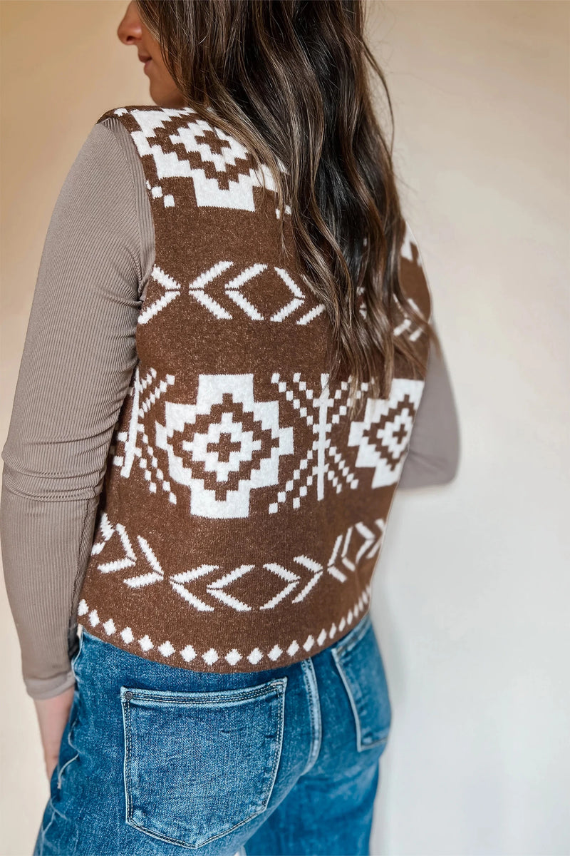 Load image into Gallery viewer, DLLS588 - Ladies Brown Southwestern Aztec Button Square Neck Sweater Vest
