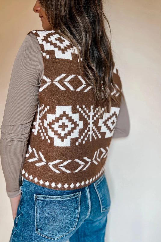 DLLS588 - Ladies Brown Southwestern Aztec Button Square Neck Sweater Vest