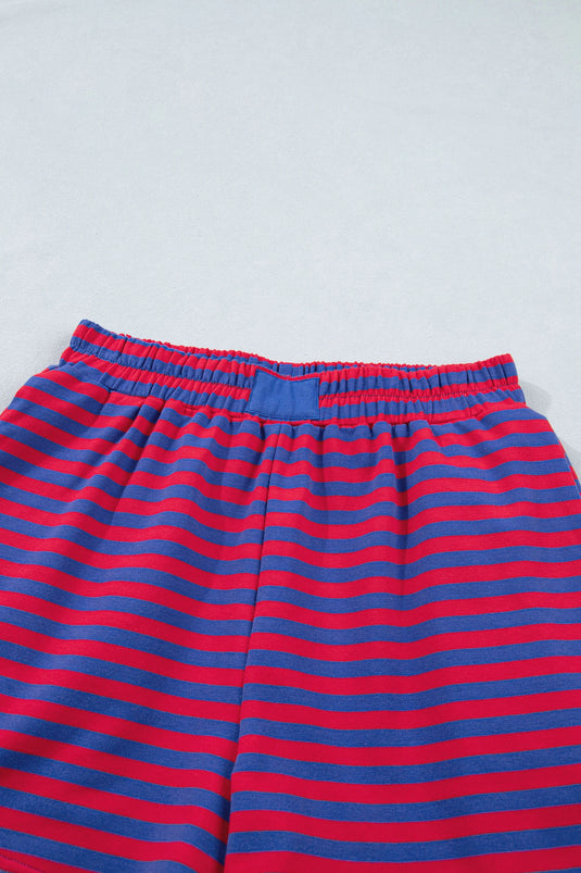 DLLS574 - Ladies Navy Stripe Ribbed Cotton Two-Piece Short Set with Chest Patch Detail