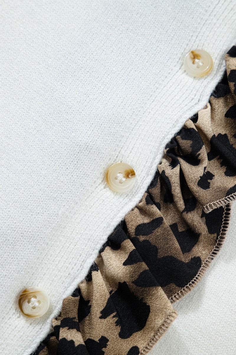 Load image into Gallery viewer, DLLS371 - Ladies White Knitted Leopard Ruffle Patchwork Button Down Cropped Cardigan
