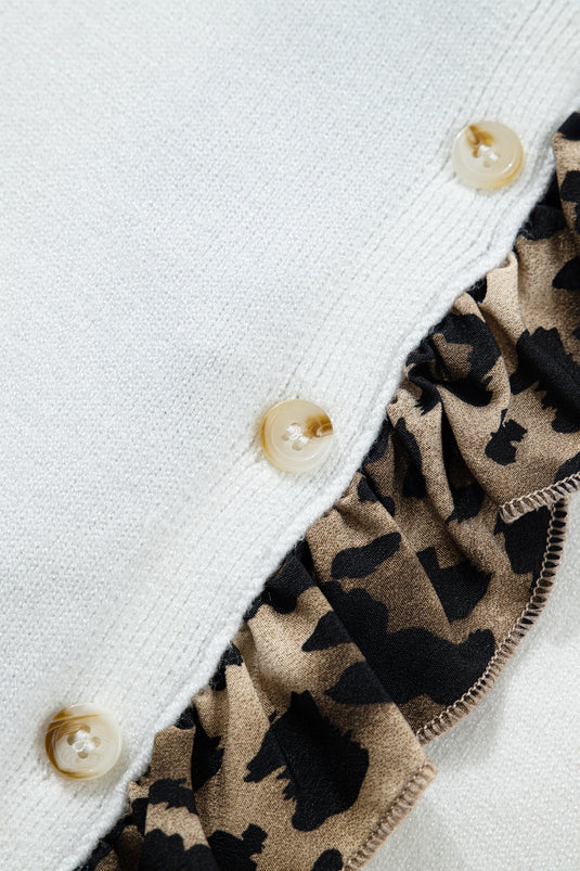 DLLS371 - Ladies White Knitted Leopard Ruffle Patchwork Button Down Cropped Cardigan