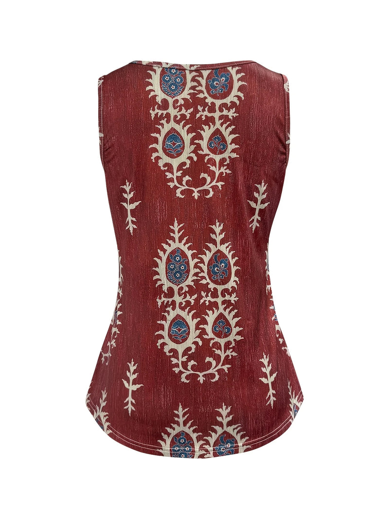 Load image into Gallery viewer, TMTSHT129 - Ladies Dark Red Boho Print Sleeveless Shirt
