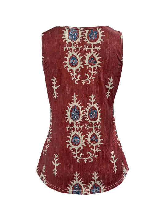 TMTSHT129 - Ladies Dark Red Boho Print Sleeveless Shirt