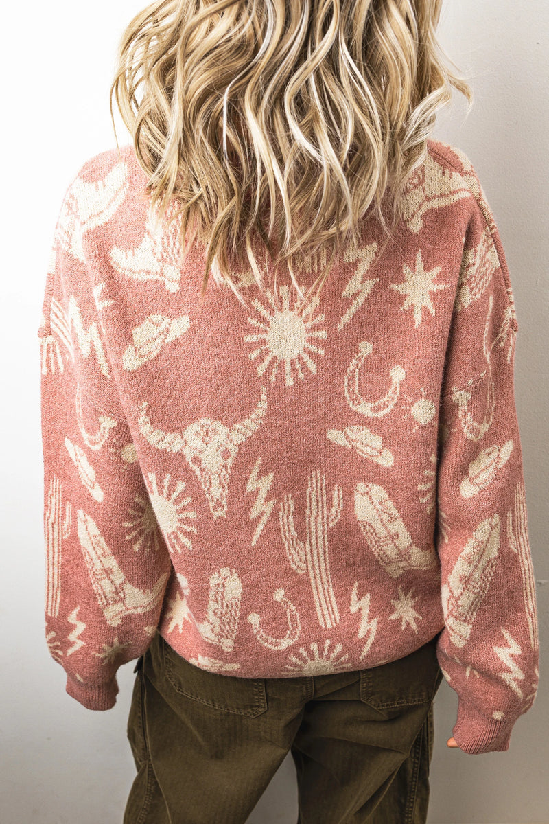 Load image into Gallery viewer, DLLS731 - Ladies Peach Western Print Drop Shoulder Round Neck Long Sleeve Sweater

