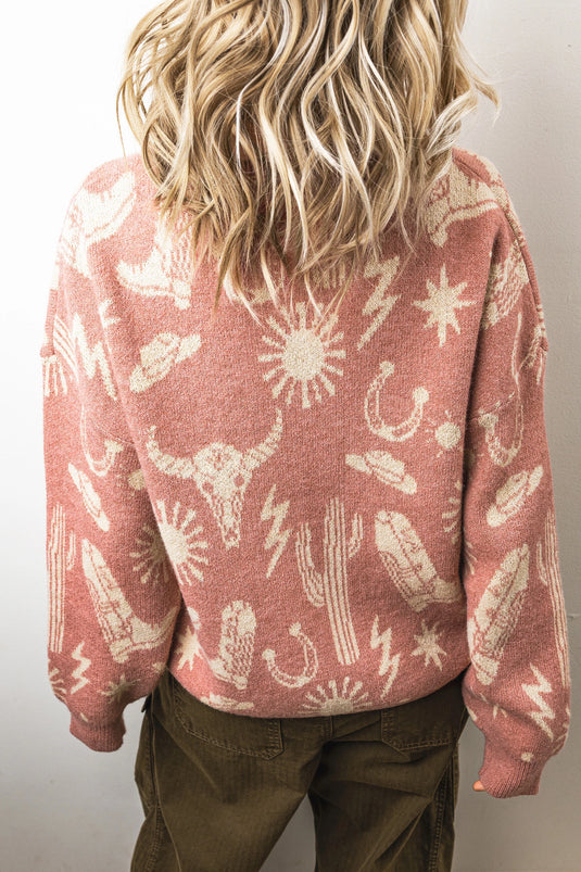 DLLS731 - Ladies Peach Western Print Drop Shoulder Round Neck Long Sleeve Sweater