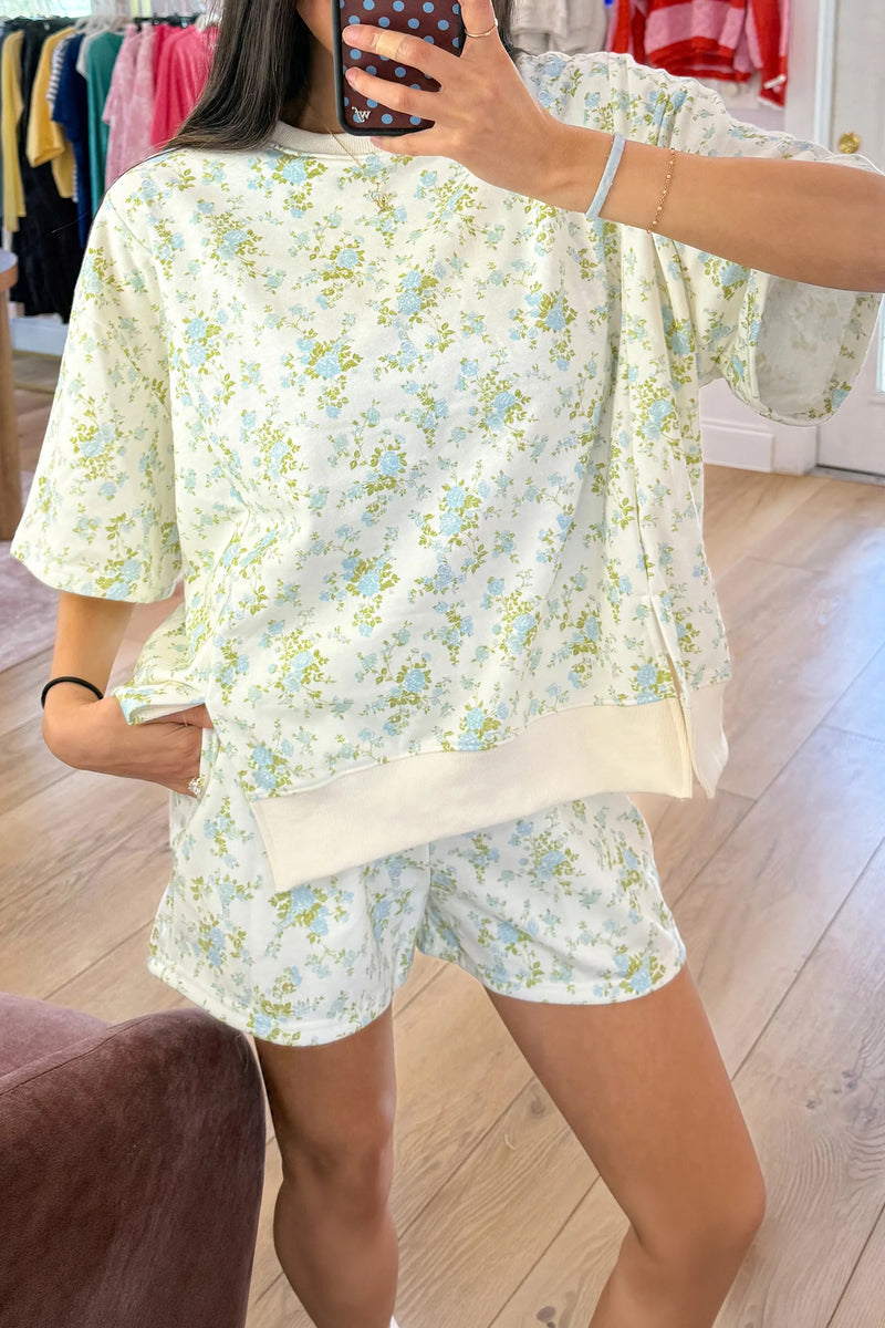 Load image into Gallery viewer, DLLS690 - Ladies Sky Blue Floral Print Oversized Sweat Tee Elastic Waist Short Set
