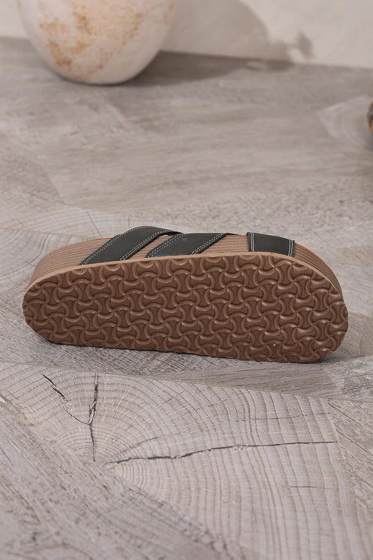 DLLSHOE 66  - Color Black Contrast Stitch Crossed Band Retro Platform Slippers