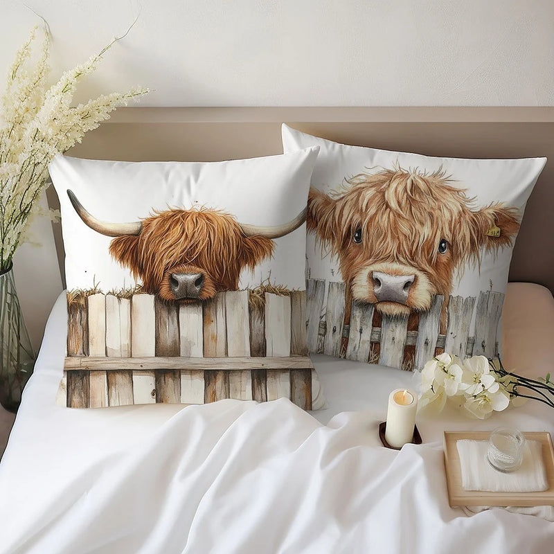 Load image into Gallery viewer, TMPLT6 - Set of 2 Highland Cow Printed Throw Pillows
