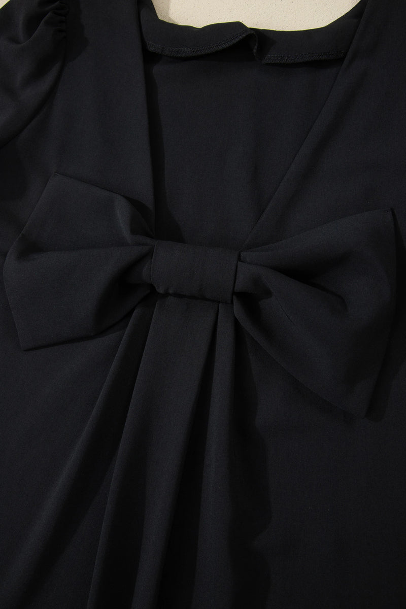 Load image into Gallery viewer, DLLS597 - Ladies Black Bow Decor Backless Short Sleeve Shift Mini Dress
