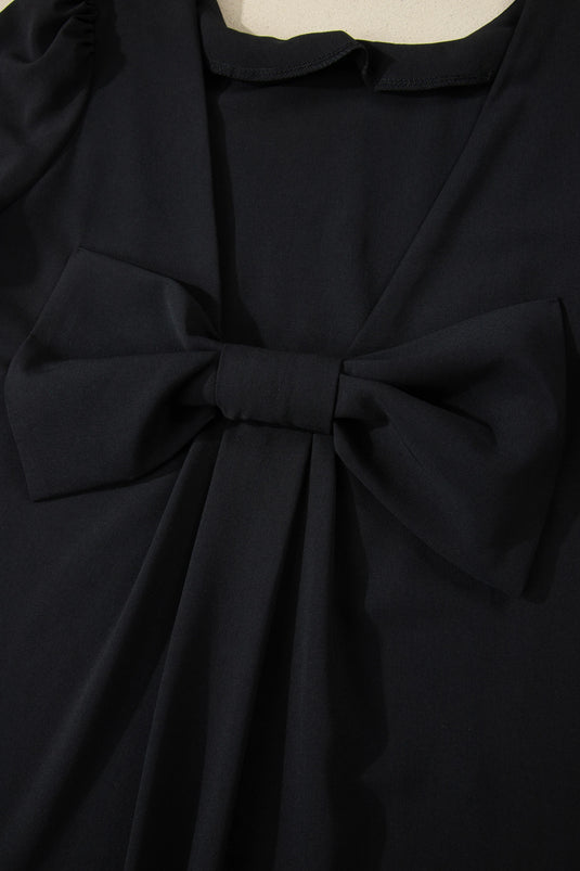 DLLS597 - Ladies Black Bow Decor Backless Short Sleeve Shift Mini Dress