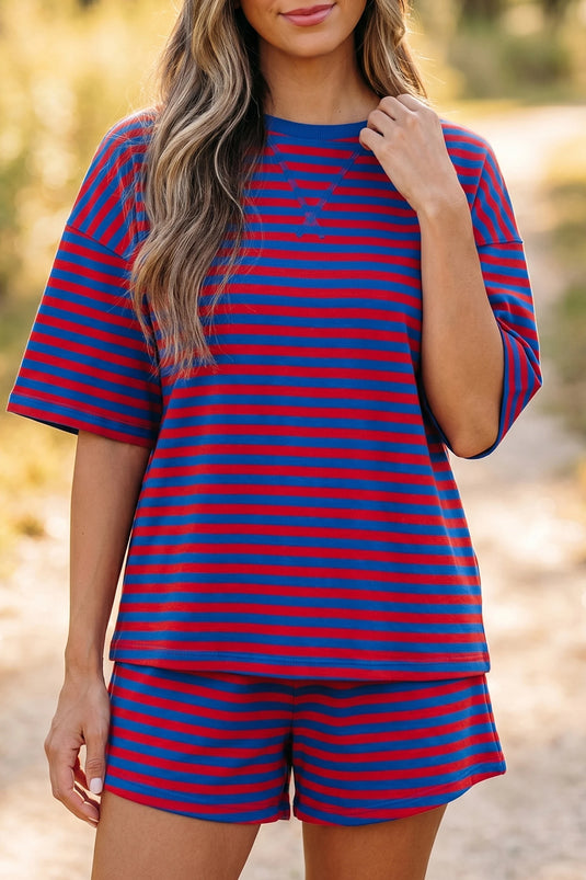 DLLS574 - Ladies Navy Stripe Ribbed Cotton Two-Piece Short Set with Chest Patch Detail