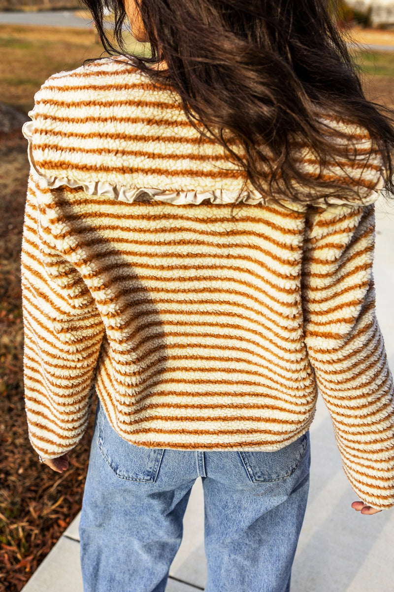 Load image into Gallery viewer, DLLS1023 - Ladies Brown Stripe Striped Fleece Button Front Long Sleeve Regular Fit Jacket
