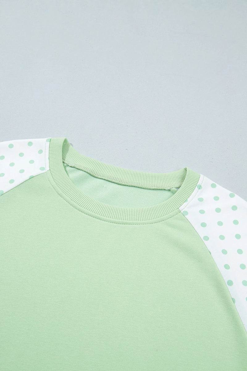 Load image into Gallery viewer, DLLS1088 - Ladies Green Polka Dot Patchwork Colorblock Long Sleeve Casual Two Piece Pants Set
