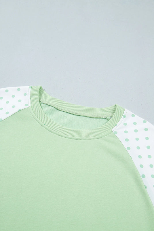 DLLS1088 - Ladies Green Polka Dot Patchwork Colorblock Long Sleeve Casual Two Piece Pants Set