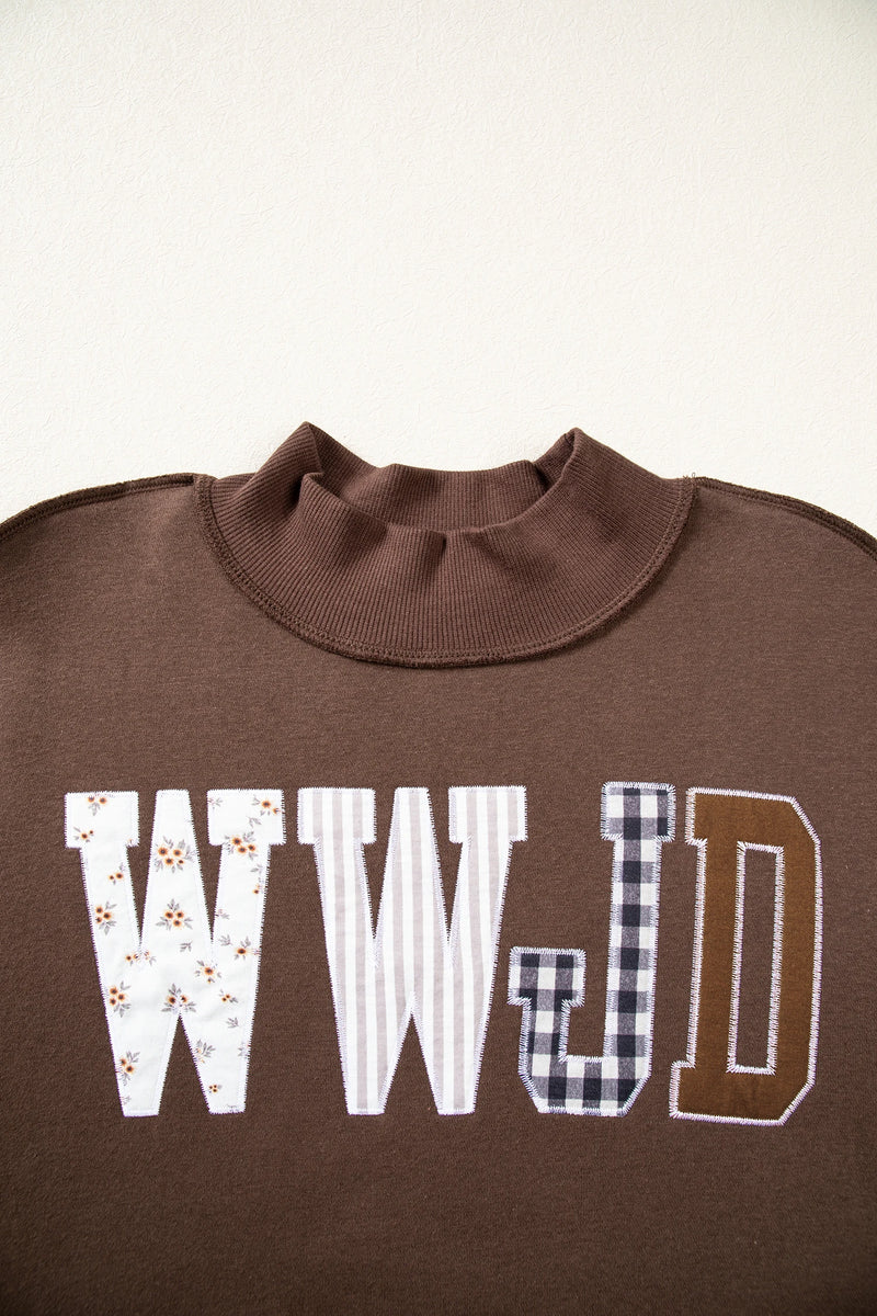 Load image into Gallery viewer, DLLS1139 - Ladies Coffee WWJD Pattern Embroidered Patch Graphic Mock Sweatshirt
