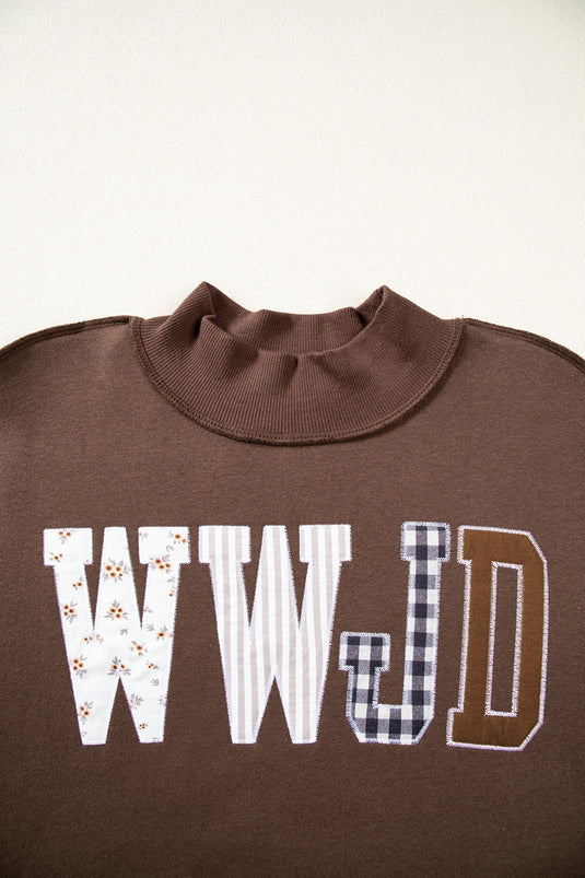 DLLS1139 - Ladies Coffee WWJD Pattern Embroidered Patch Graphic Mock Sweatshirt
