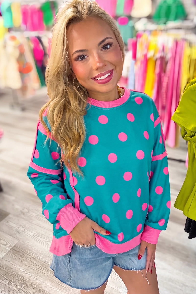Load image into Gallery viewer, DLLS1056 - Ladies Blue Polka Dot Contrast Patchwork Round Neck Baggy Sweatshirt
