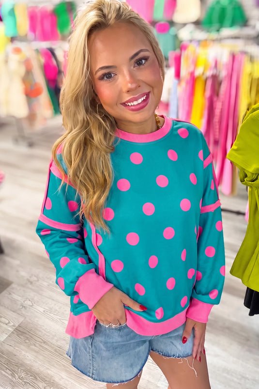 DLLS1056 - Ladies Blue Polka Dot Contrast Patchwork Round Neck Baggy Sweatshirt