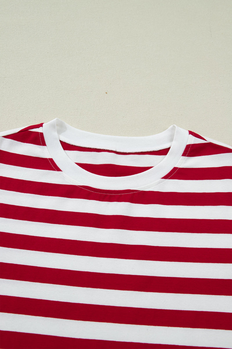 Load image into Gallery viewer, DLLS530 - Ladies Red Stripe Patchwork Round Neck T Shirt
