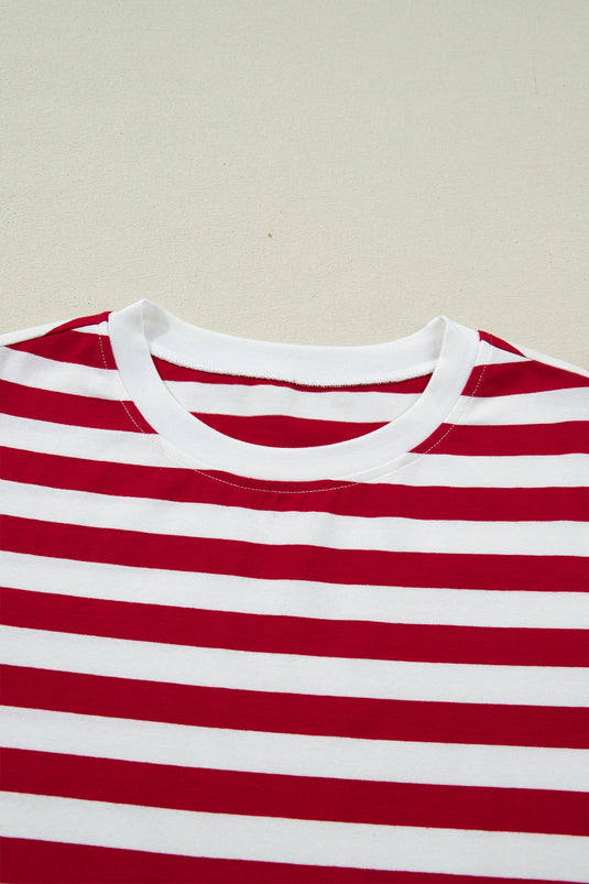 DLLS530 - Ladies Red Stripe Patchwork Round Neck T Shirt