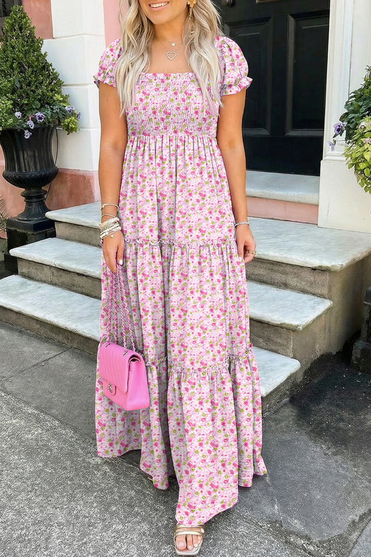 DLLS628 - Ladies Pink Floral Short Bubble Sleeve Shirred High Waist Maxi Dress