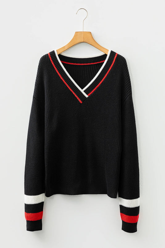 DLLS197 - Ladies Black Contrast Striped Trim V Neck Drop Shoulder Sweater