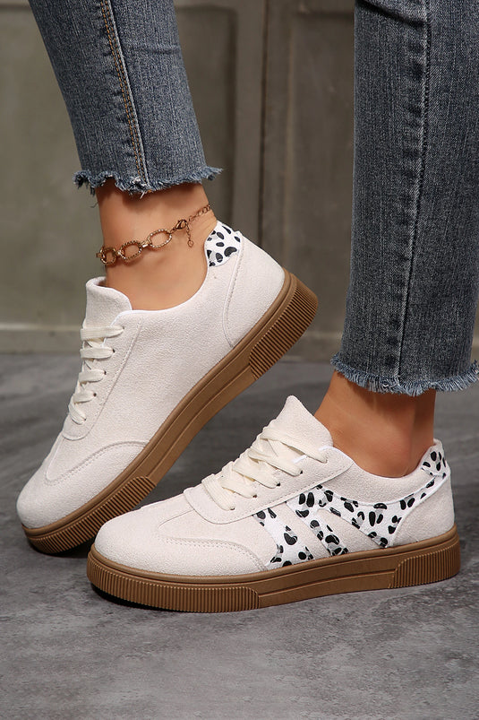 DLLSHOE 82 - White Suede Leopard Color Block Trim Lace-up Casual Shoes