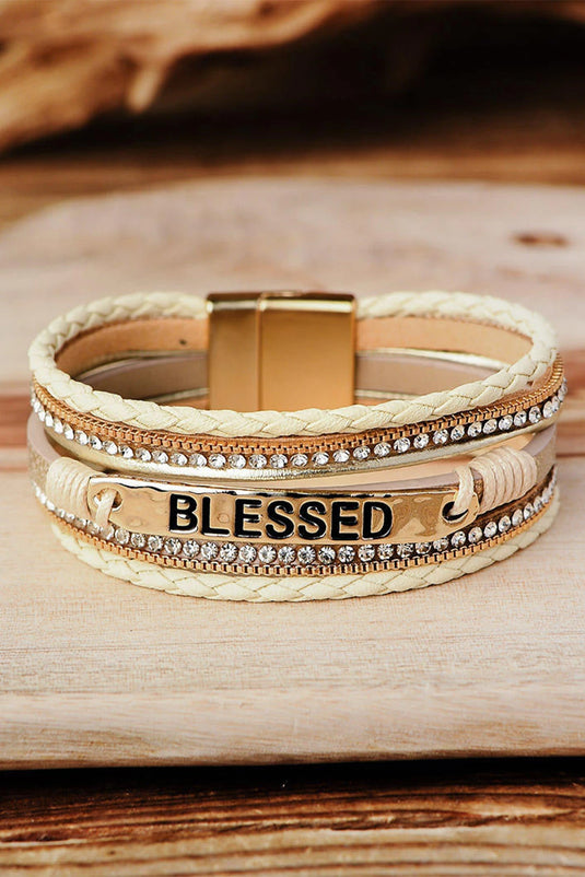 DLLBC 1 - Beige BLESSED Rhinestone Braided Detail Buckle Bracelet