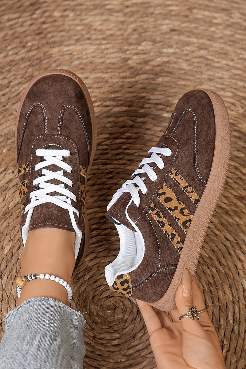 Load image into Gallery viewer, DLLSHOE 14 - Coffee Contrast Lace-up Leopard Patchwork Detail Faux Suede Shoes
