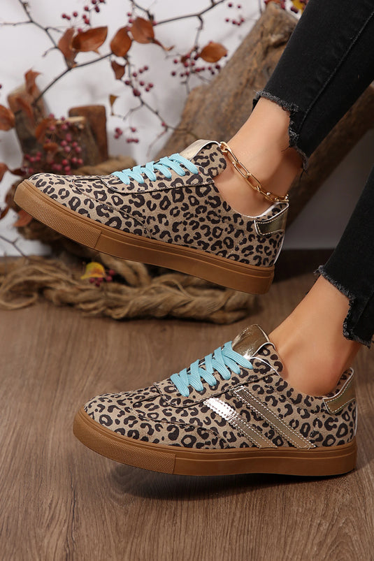 DLLSHOE 17 - Coffee Faux Suede Leopard Print Sleek PU Leather Detail Lace Up Sneakers