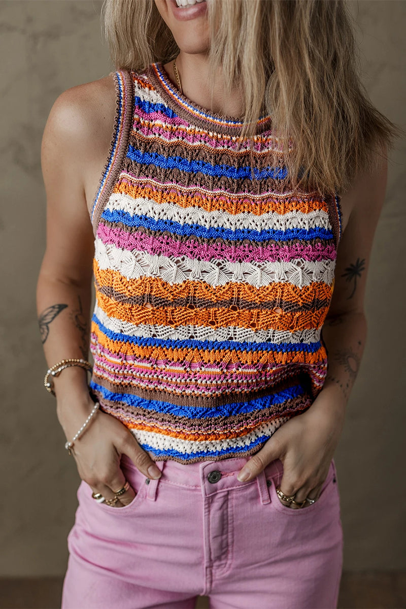 Load image into Gallery viewer, DLLS560 - Ladies Dark Blue Striped Textured Knit Crew Neck Sweater Vest
