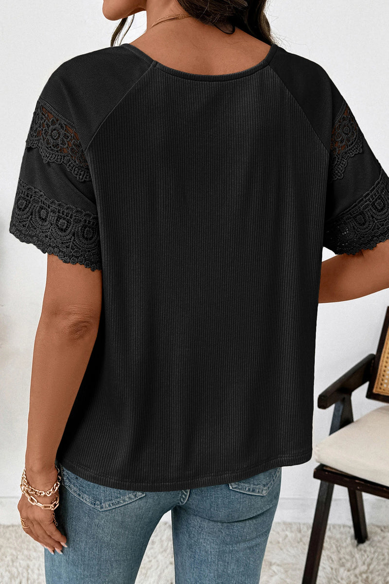 Load image into Gallery viewer, DLLS704 - Ladies Black Ribbed Lace Patchwork Short Sleeve Top
