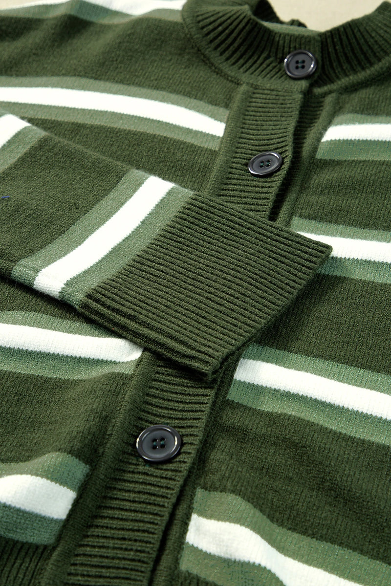 Load image into Gallery viewer, DLLS290 - Ladies Green Stripe Drop Shoulder Buttons Cardigan Sweater
