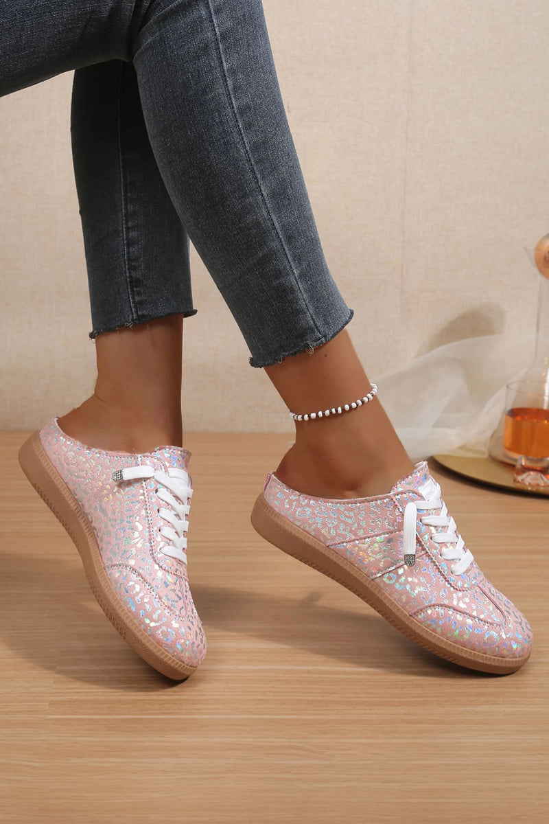 Load image into Gallery viewer, DLLSHOE 94 - Pink Shiny Leopard Print Lace Up Slip On Shoes
