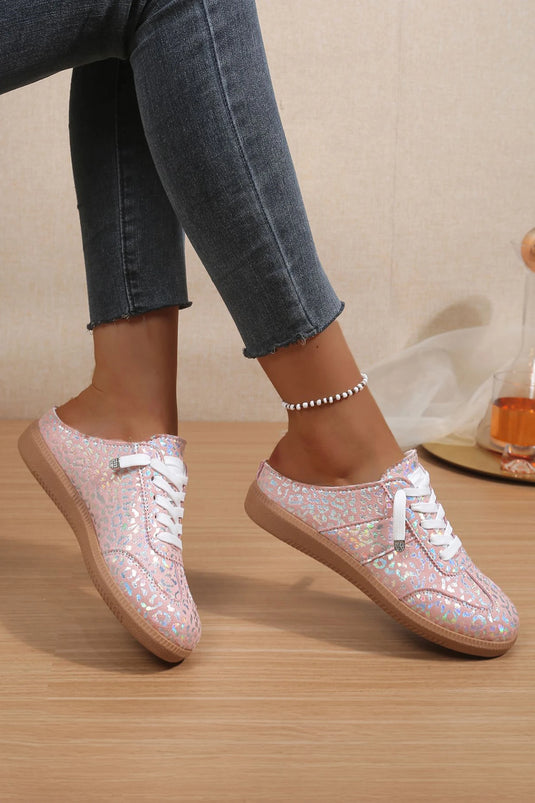DLLSHOE 94 - Pink Shiny Leopard Print Lace Up Slip On Shoes