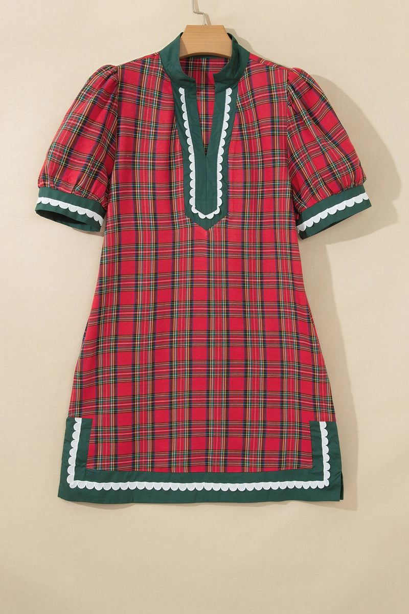 Load image into Gallery viewer, DLLS810 - Ladies Red Plaid Mini Shift Style Short Sleeve Dress
