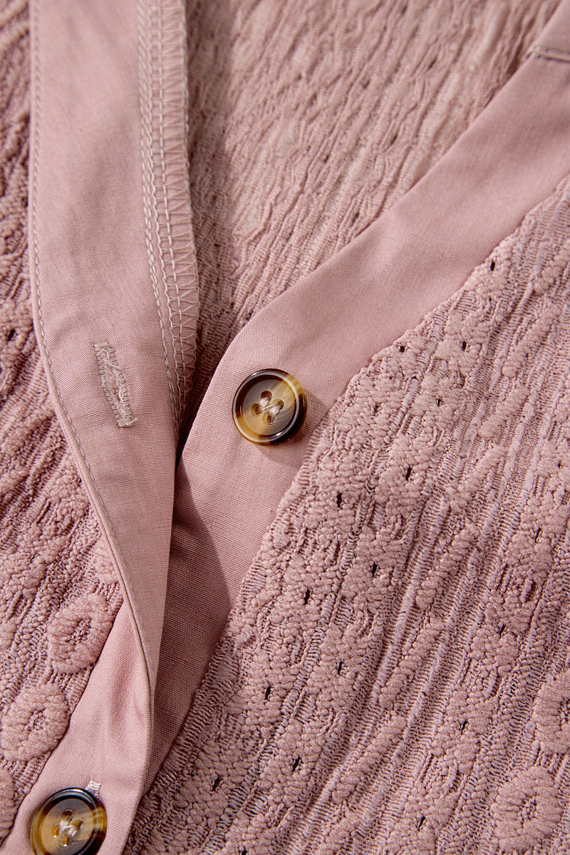 Load image into Gallery viewer, DLLS342 - Ladies Fushia Textured Embroidered Half Buttons Short Sleeve Blouse
