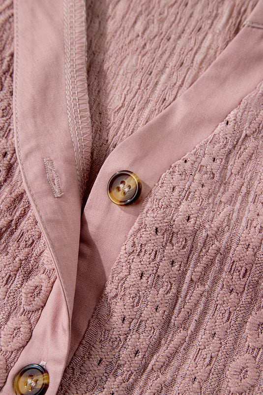 DLLS342 - Ladies Fushia Textured Embroidered Half Buttons Short Sleeve Blouse