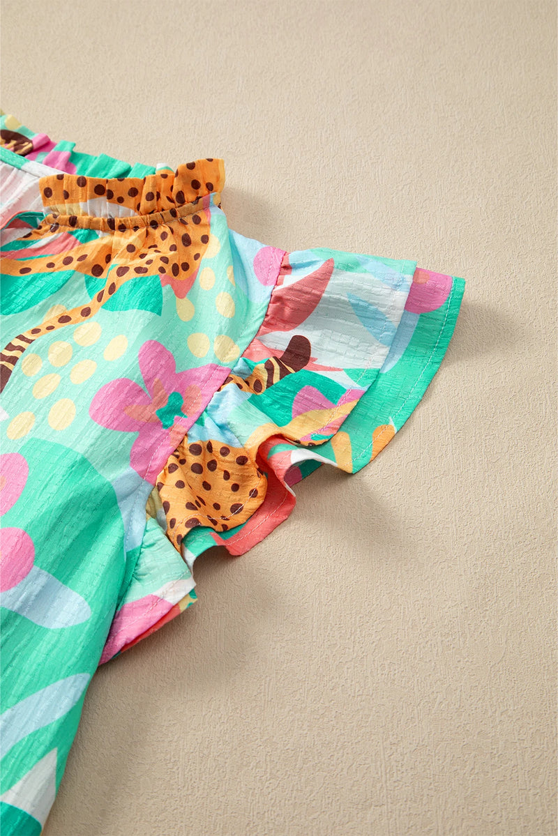 Load image into Gallery viewer, DLLS563 - Ladies Green Frilly Ruffle Tie Split Neck Summer Floral Blouse
