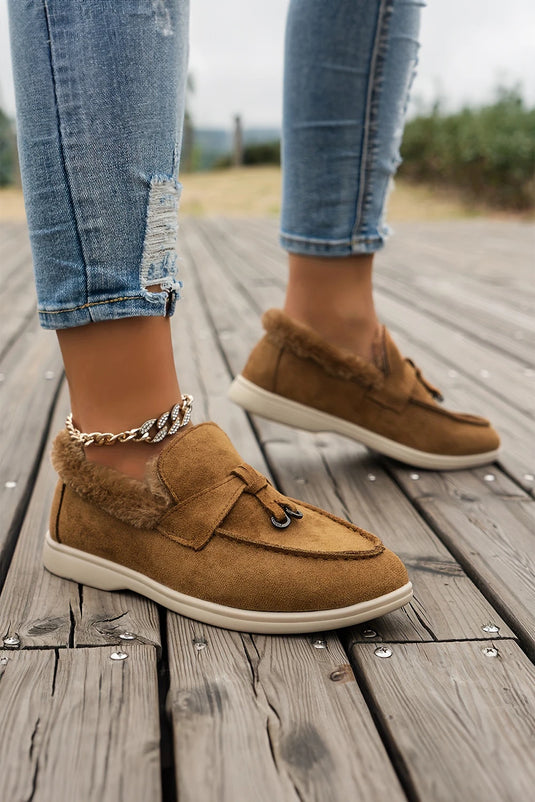 DLLSHOE 203 - Chestnut Suede Furry Lined Slip on Flat Shoes