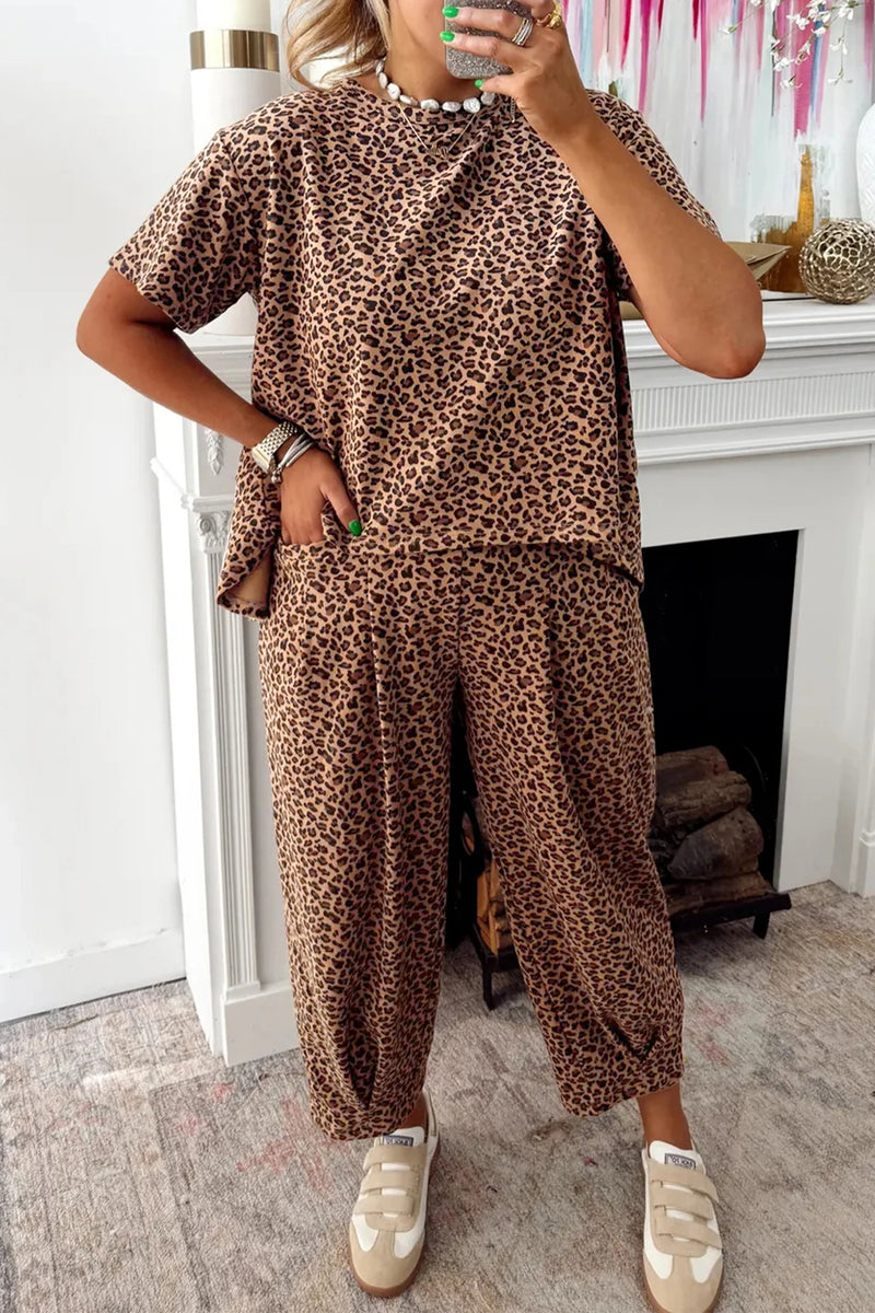 Load image into Gallery viewer, DLLS453 - Ladies Brown Leopard Loose Tee Drawstring Waist Barrel Pants Set
