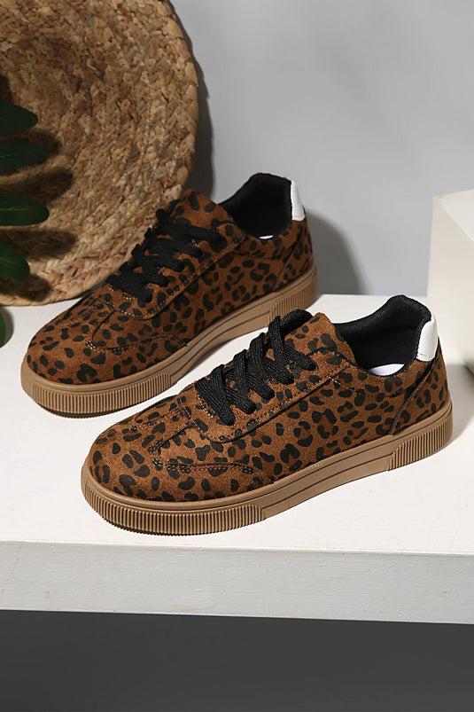 DLLSHOE 200 - Coffee Leopard Print Contrast Heel Tab Patchwork Laceup Shoes