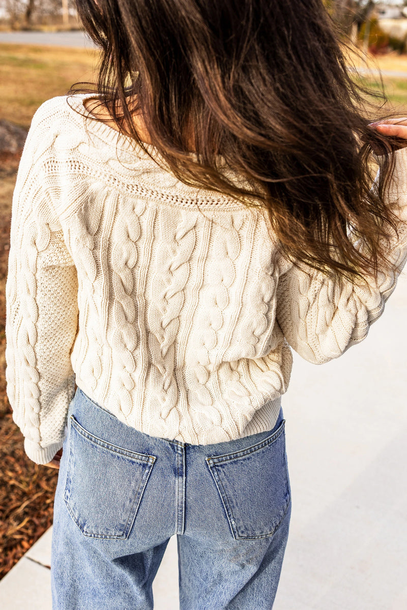 Load image into Gallery viewer, DLLS1146 - Ladies Beige Drop Shoulder Round Neck Cable Knit Sweater
